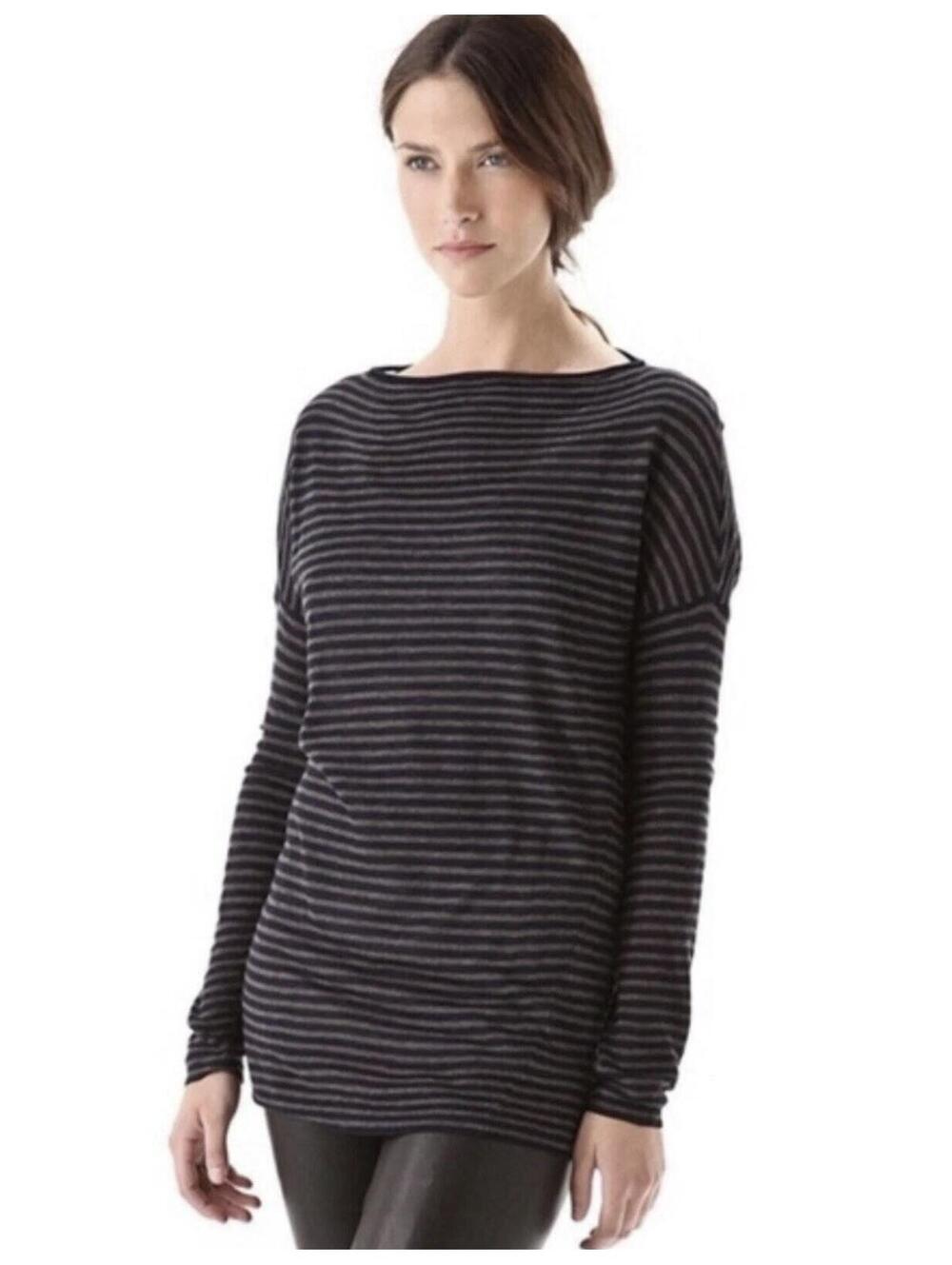 VINCE Womens Soft Wool Blend Striped Burnout Knit Top in Black|Grey-Size X-Small